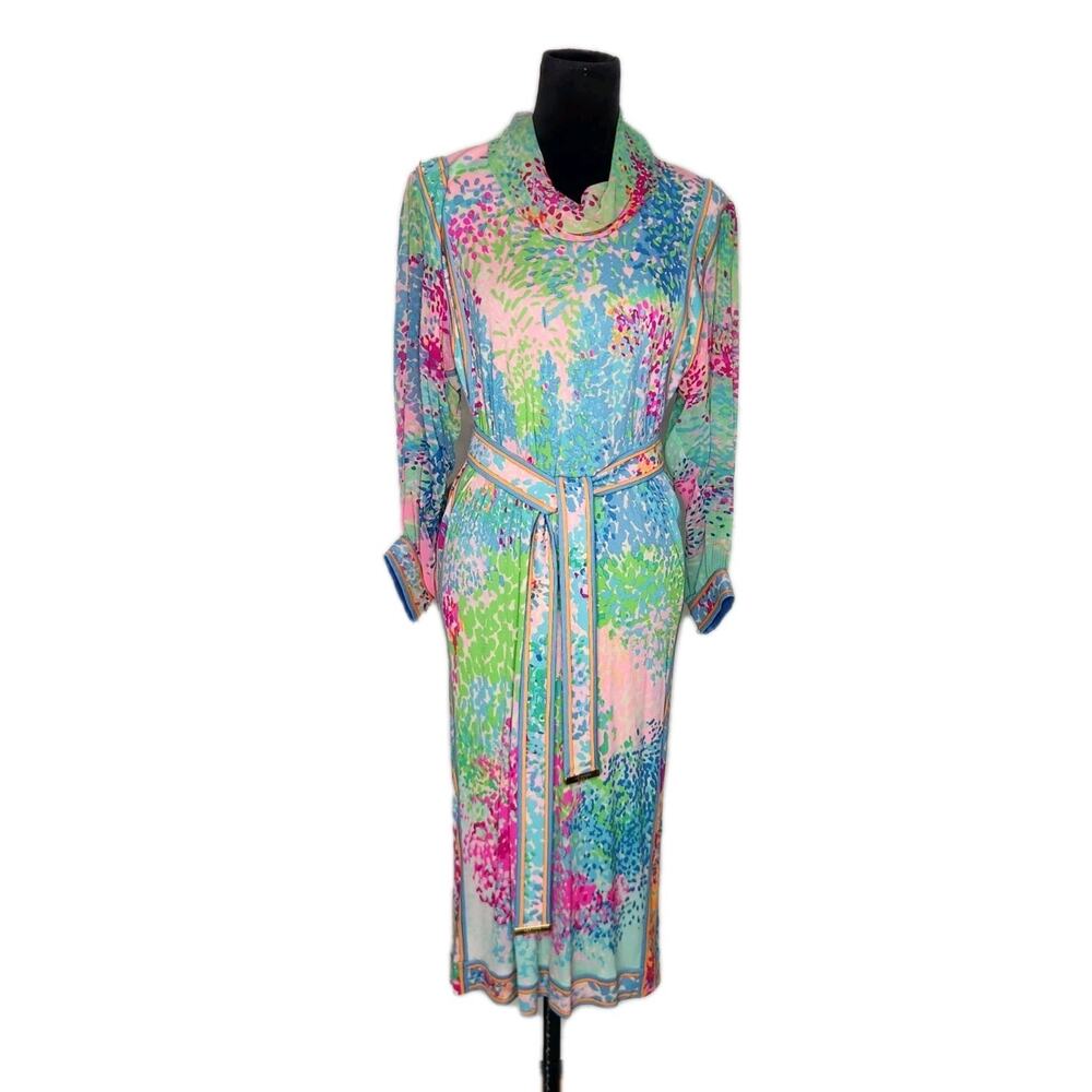 Leonard Paris Vintage 80s Multicolor Silk Shift Belted Midi Dress No Size Tag
